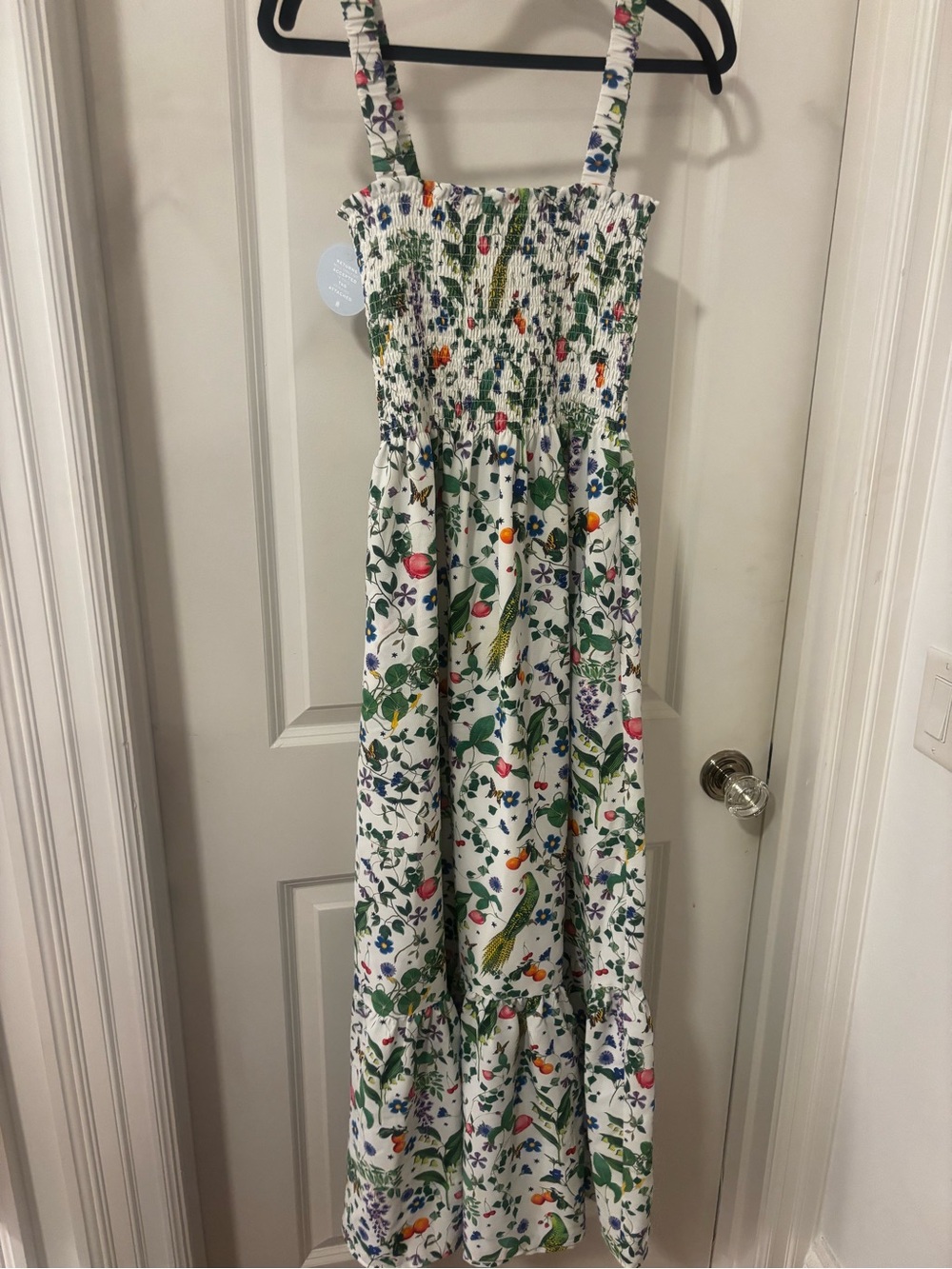 Anjuli Hill House NWT White Botanical Print Smocked Maxi Dress with Ruffle Hem - Picture 5 of 5